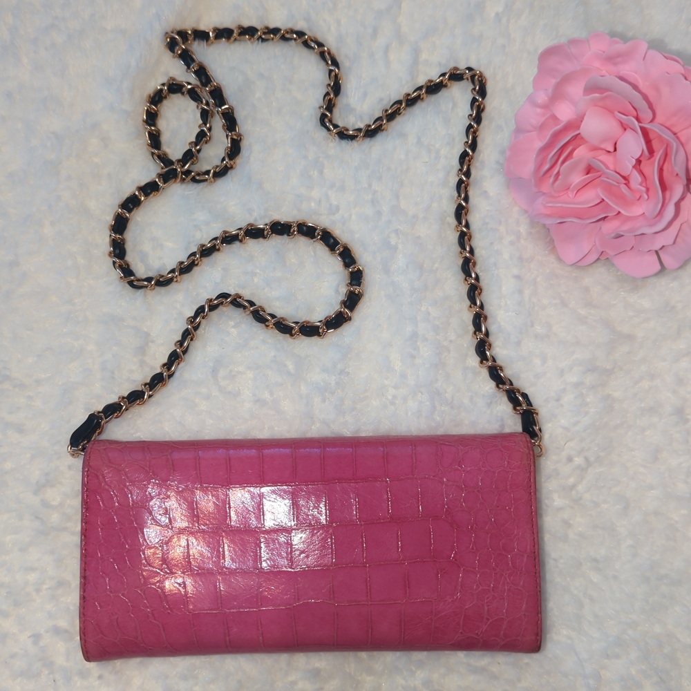 Miu Miu Authentic Pink Patent Leather Croc-Embossed Chain Wallet Luxury - Picture 6 of 10